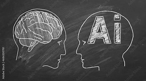 Human brain vs artificial intelligence. Two human heads. Face to face. Duel of views.