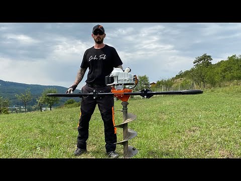 Working with Stihl Bt 360 professional earth auger in dry soil with 350 mm and 280 mm auger bits.