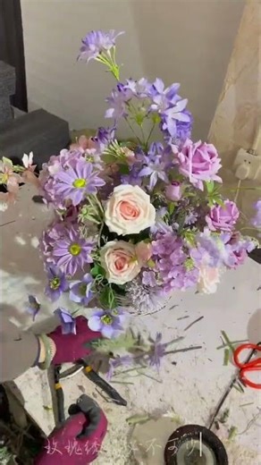 Purple fabric silk Rose peony flower arrangement setting for wedding event party venue decor