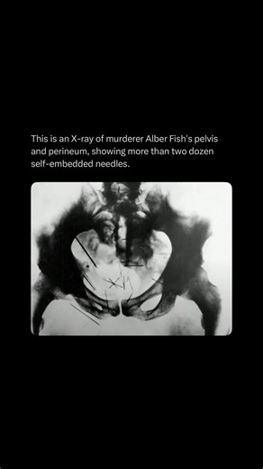 Horrors on Instagram: "When Albert Fish was arrested in 1934, doctors conducting his examination were stunned to discover the X-ray. More than two dozen rusted sewing needles were lodged deep in his pelvic region — many driven there by Fish himself over years of sadomasochistic compulsion. He claimed the pain brought him “pleasure,” and X-rays revealed that some of the needles had been there for decades, corroded and fused into his tissue. Fish, later dubbed “The Gray Man,” was one of America’s 