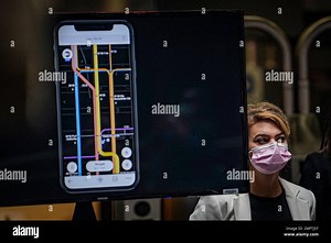 New York City Transit interim President Sarah Feinberg stands next to a video demo of the new "live" subway map during a press conference, Tuesday Oct. 20, 2020, in New York. (AP Photo/Bebeto Matthews Stock Photo - Alamy