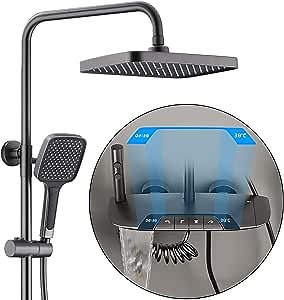 Thermostatic Shower System with Tub Spout, Shower Faucet Set Wall-mounted Gun Gray Rain Mixer Shower Combo Set Height Adjustable Shower Fixture with Rain Shower Head, Handheld Shower, Bidet Shower