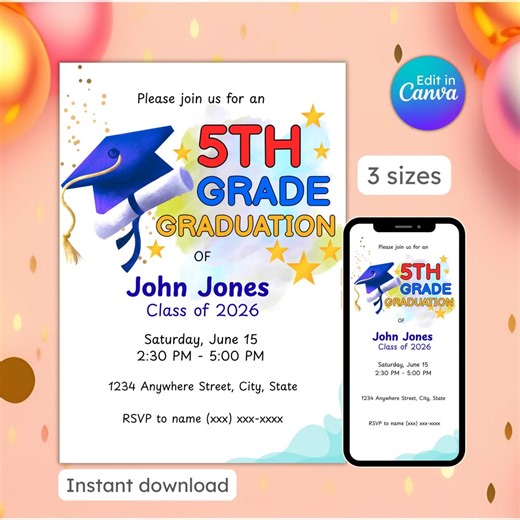 5th Grade Graduation Invitation, Goodbye School, Kindergarten Grad, Grad Party Invite, Editable, Printable, Instant Download - Etsy