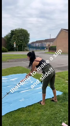 home made slip & slide #fyp #fyviral #slipandslide #funtimes_with_tiktok #slidinginto