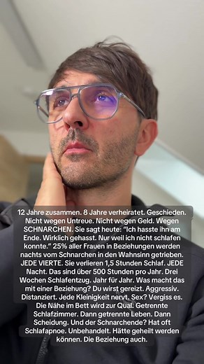Dieser Post ist schwer für mich Meine erste Ehe zerbrach auch an meiner Schlafapnoe Sabine und ich waren 12 Jahre zusammen. Die ersten Jahre perfekt Dann fing ich an zu schnarchen. Laut Sie sagte es. Ich ignorierte es “Ist doch nicht so schlimm, oder?” Doch. War es Jahr 1: Sie trug Ohrstöpsel. Funktionierte nicht richtig. Wurde gereizter Jahr 2: Sie ging ins Gästezimmer. “Nur an manchen Nächten” Jahr 3: Sie schlief NUR noch im Gästezimmer Jahr 4: Wir redeten kaum noch. Sie war ständig müde, gere
