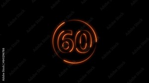 Sixty neon light orange color number animation. Colorful circle Black background 4k video.