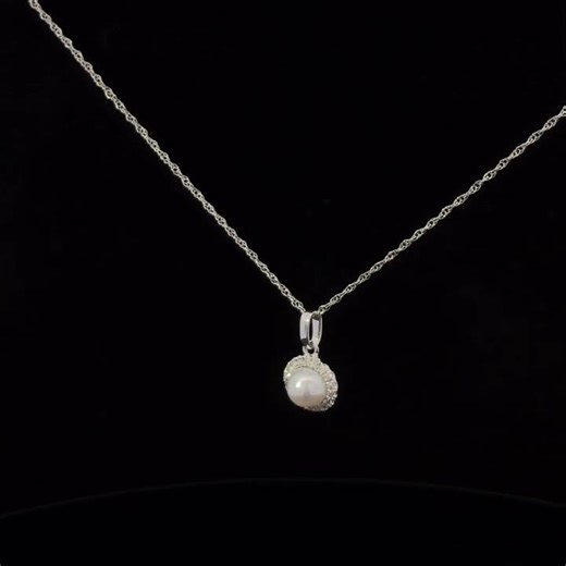 10K White Gold 5MM Cultured Pearl and Diamond Accent Halo Pendant Necklace