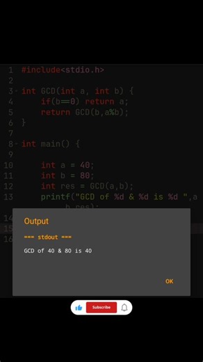 Finding GCD of two numbers using recursion in c #shortvideo
