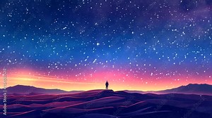 A traveler with serene desert landscape, with vast sand dunes stretching to the horizon under a starry sky. Fantasy landscape anime or cartoon style, looping 4k video animation background