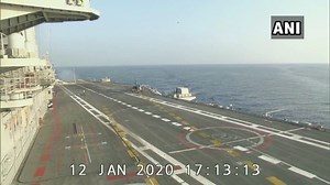 #WATCH taking off of Naval LCA Tejas, from the aircraft carrier INS Vikramaditya in the Arabian Sea. (12.01.2020) | Asian News International (ANI)
