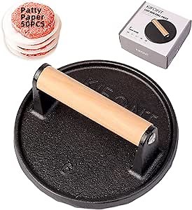KIFONT Smash Burger Press,Bacon Press Cast Iron with Wooden Handle,6 Inch Hamburger Press,Round Grill Press for Griddle,Cast Iron Grill Press,50 PC Burger Press Patty Paper