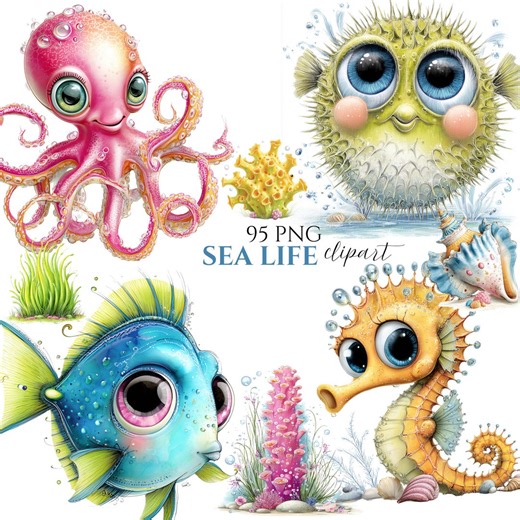 Watercolor Sea Life Clipart – Ocean Animals (95 PNG) (digital Download - Etsy