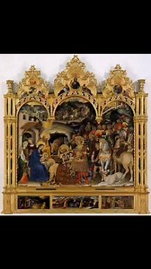 Adoration of the Magi or Pala Strozzi (1422) altarpiece by Gentile da Fabriano (1370- 1427), Galleria degli Uffizi - Florence. Originally placed in the church of Santa Trinità, the work was commissioned for Palla di Nofri Strozzi, then the richest man in Florence and a member of one of the city’s most prominent families. Gentile’s Adoration is festive and imbued with an elegant courtly grace. The scene is rich in luxurious brocaded garments and exotic animals. Gentile uses bright colours and lav