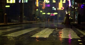CGI Nighttime urban street reflects neon lights and rain in a busy city