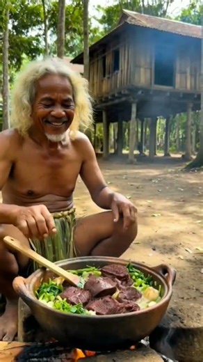 Primative old man cooking chicken soup with papaya&Boar soup with vegetables