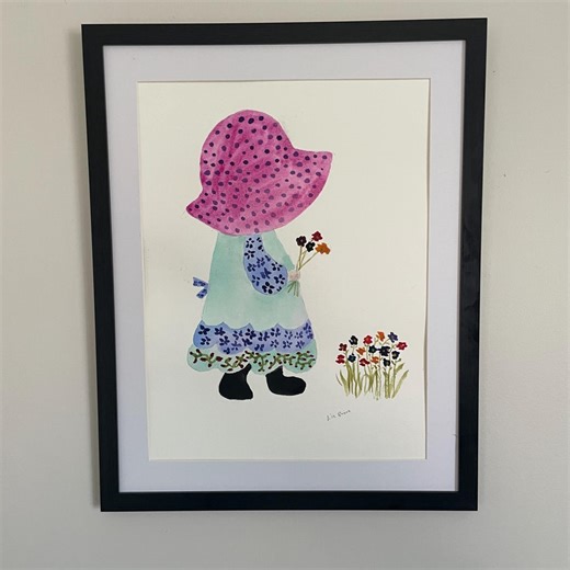 Original Sunbonnet Sue Watercolor Painting - 9x12 Hand-painted Folk Art - Whimsical Bonnet Girl With Wildflowers - Etsy