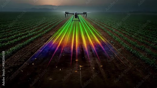 Medium shot of drone hovering over farmland using multispectral sensors for comprehensive plant health analysis blending visible and infrared imaging techniques.