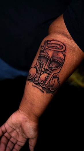 MF Doom tattoo in the books. This was a dope tattoo to execute I love working with real collectors🖤 #mfdoomtribute #mfdoom #mfdoomtattoo #tattoocollector #atltattooartist