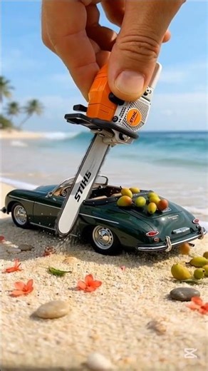 Mini Chainsaw vs Toy Car 🍃 | Mango Explosion on the Beach | Satisfying video #viral #asmr #shorts
