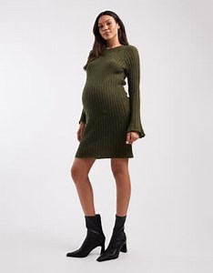 Mamalicious Maternity soft knitted rib bell sleeve mini dress in khaki melange | ASOS