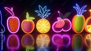 Neon fruit signs light up a dark room, reflecting on a glossy surface