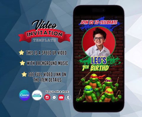 Ninja Birthday Invitation, Turtle Theme Party, Pizza Party Invite, Canva Template (editable Video) - Etsy