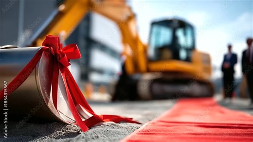 Construction ground breaking ceremony with red carpet faceless inaugural event defocused construction site background ceremonial beginning development launch official project