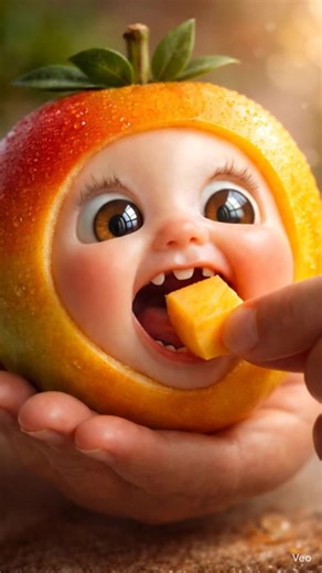 mango eating asmr 🥭🥭 Cute baby inside a mango costume, eating juicy mango piece, big shiny eyes, soft lighting, macro photography, photorealistic, ultra detailed, dreamy background, 8k