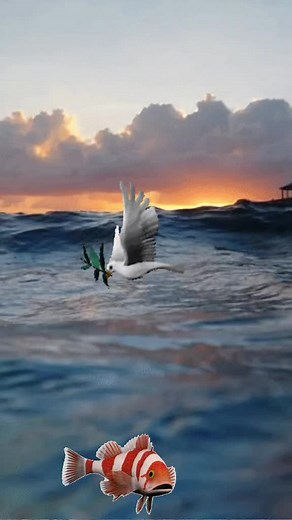 Seagull and Fish Dance Over Serene Ocean Waves