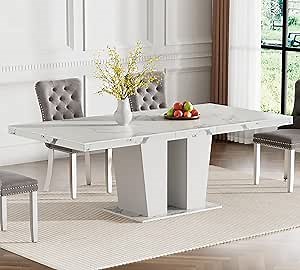 Extendable Dining Table for 6-10 Person,78.74" White Marble Grain Expandable Kitchen Dining Room Table with Double Columns Base,Modern Rectangle Extendable Dinner Table for Gatherings