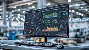 High tech factory leverages software to display real time data analysis and key performance indicators - kpis - on a computer screen