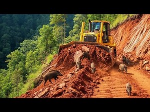 Bulldozer Fighting Tough Terrain While Building Steep Mountain Road in Remote Jungle Area