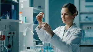 Female scientist in lab coat examining test tube