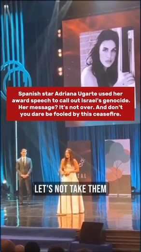 Spanish actress Adriana Ugarte took the opportunity during her award speech to denounce Israel’s conduct in Gaza, emphasizing that the humanitarian crisis continues and warning audiences not to be swayed by claims of a ceasefire 🇵🇸🫂 | IN Palestine Today