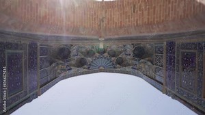 View of Gur-e-Amir - a mausoleum of the Asian conqueror Timur (also known as Tamerlane). Famous travel destination in Central Asia. Uzbekistan Samarkand Translation "final resting place of Amir Timur"