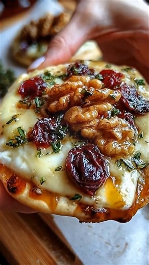 Mini Pizza with Brie, Cranberries and Toasted Walnuts with a Hot Honey Drizzle *There’s a lovely elegance in simple, warm appetizers—just a few ingredients layered together to create something festive, cozy, and perfect for sharing. These little pizzas bring that gentle holiday charm with melty Brie, bright cranberries, and a sweet heat that feels just right for gatherings big or small.* What You'll Need (4) mini pizza crusts or naan rounds (2 tablespoons) olive oil (5 ounces) Brie cheese, slice