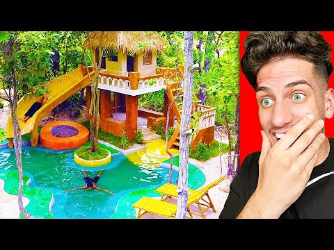 100 DAYS of Primitive Building SECRET POOL HOUSE with WATER SLIDE!