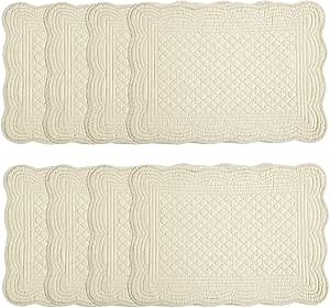 HOMBYS Quilted Placemats Set of 8 Washable-Rectangular Placemats for Kitchen Table-100% Cotton Fabric Rectangular Table Mats-Cotton, (Flax)