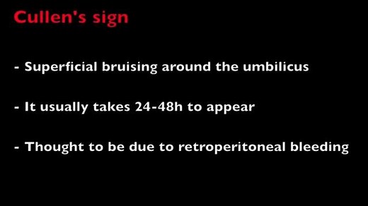 signo de Cullen El signo de Cullen es una equimosis periumbilical que aparece, de forma excepcional, en la pancreatitis aguda necrohemorrágica como extensión de un hematoma por el ligamento redondo del hígado. En la pancreatitis aguda, la hemorragia suele ser, preferentemente, retroperitoneal, apareciendo el signo de Grey Turner. Solamente, si la hemorragia ocurre en la cabeza del páncreas y, a su vez, es muy extensa, puede llegar a alcanzar al hígado a través del epiplón menor. El término fue d