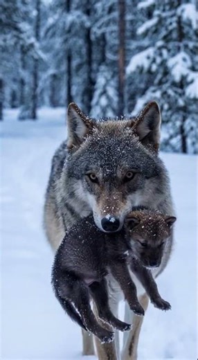 Wolf Mother Carrying Her Pup Through Deep Snow — Rare Wildlife Moment
