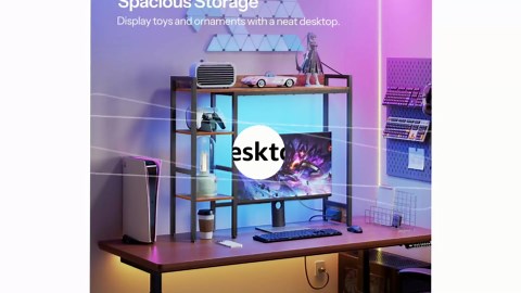 HOOBRO Desktop Bookshelf, 35.8" Desk Hutch Dorm, Computer Desktop Bookcase with Outlets, Office Display Rack with Light Strip, for Office, Study, Dorm, Rustic Brown and Black BF91UDSJ01