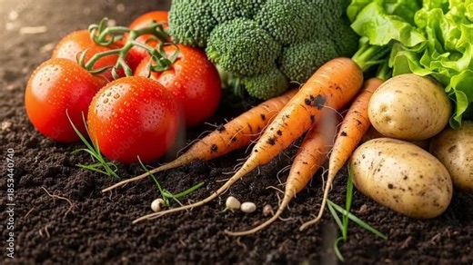 Freshly harvested vegetables including carrots, potatoes, tomatoes, and broccoli lie on the soil.