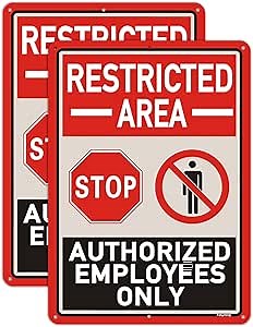 2 Pack Restricted Area Sign Authorized Employees Only 14 x 10 Inches Stop Do Not Enter Metal Reflective Rust Aluminum Weatherproof UV Protected Easy Mounting Indoor Outdoor Use