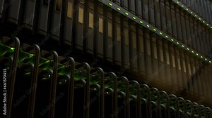 Camera moving in data center along the racks with server equipment, close up view. Seamlessly looped photorealistic 3D render animation