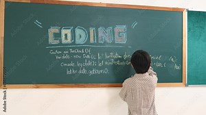 Girl writing engineering prompt by using AI software or programing system to generate AI on table with electronic main board at stem class while smart boy writing software development plan. Pedagogy.