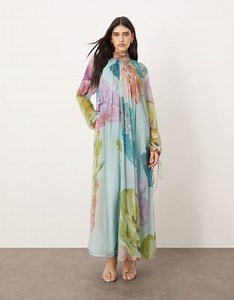 ARRANGE chiffon high neck trapeze maxi dress in large blue floral print | ASOS