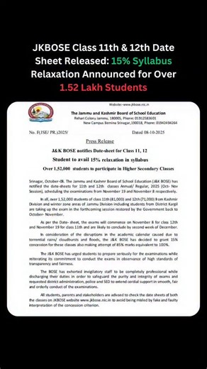 JKBOSE Official on Instagram: "JKBOSE Class 11th & 12th Date Sheet Released: 15% Syllabus Relaxation Announced for Over 1.52 Lakh Students"