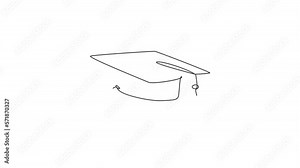 Animated self drawing of one continuous line draw graduation hat logo emblem. Study graduating cap logotype icon template concept. Full length single line animation illustration.