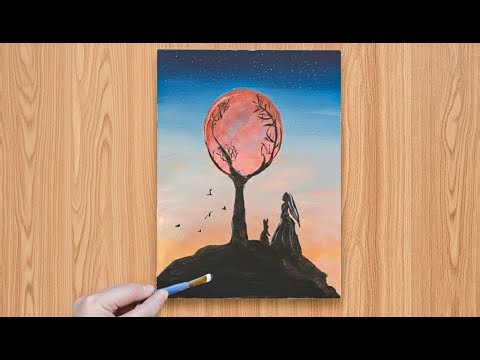 Red Moon Tree | Acrylic Painting Tutorial | Easy Sunset & Silhouette Art