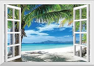 FLFK Fake Window Wall Mural - Beach Palm Trees Faux Window Wall Sticker for Wall Decor, Stick and Peel Wall Decals,80"x60",Set of 5 Sheets